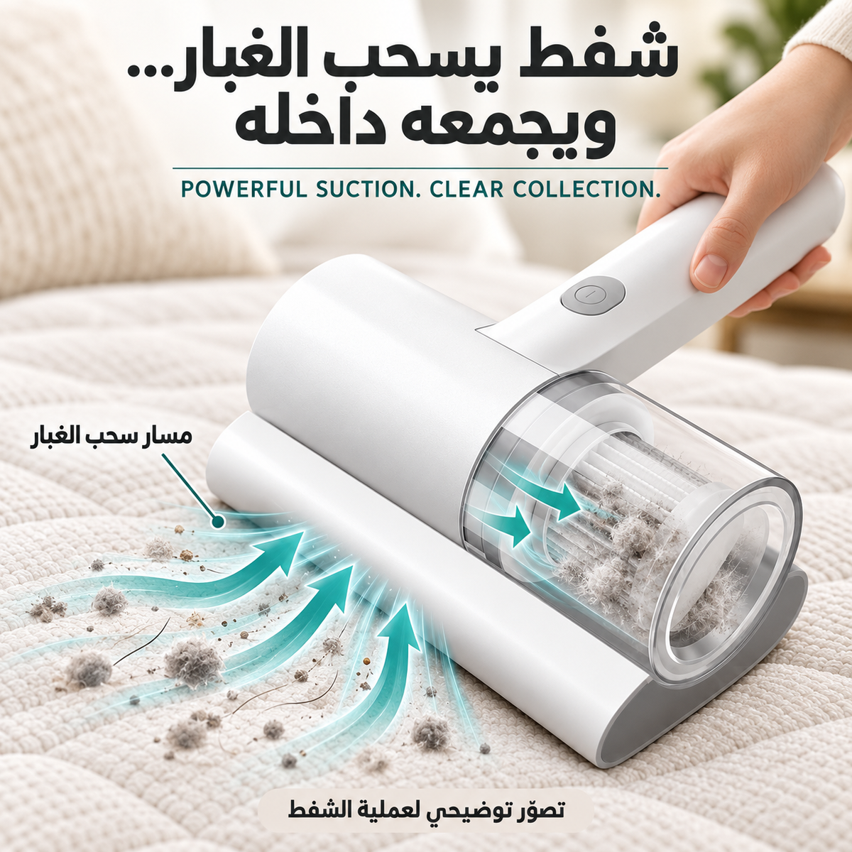 تصور توضيحي لقوة الشفط ومسار سحب الغبار إلى الحاوية